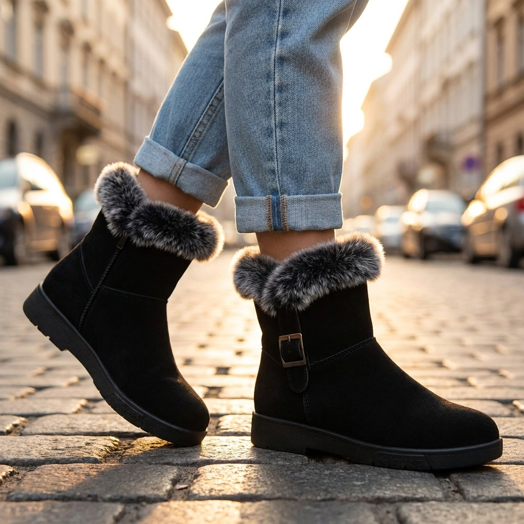 Women's Faux Fur Trim Ankle Boots, Suede with Buckle