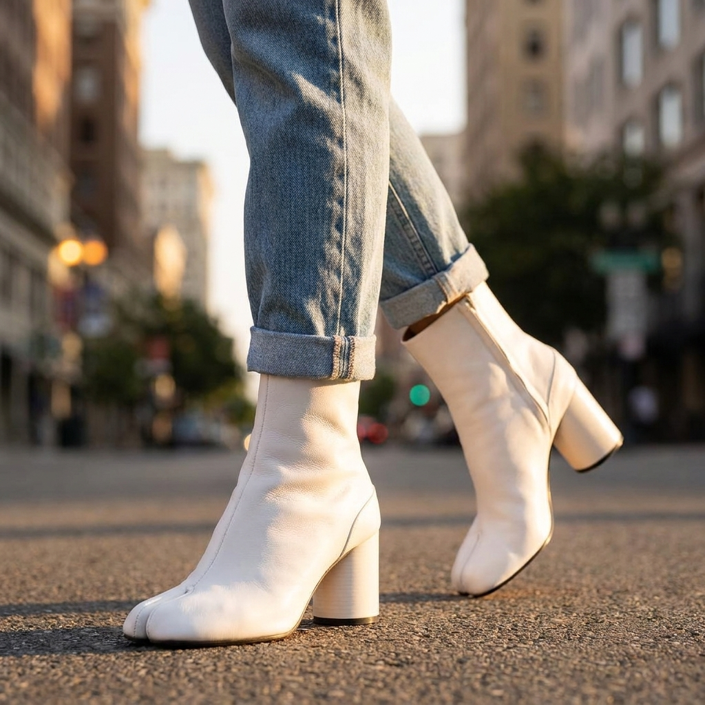 Women's Split Toe Ankle Boots, Block Heel Tabi Style