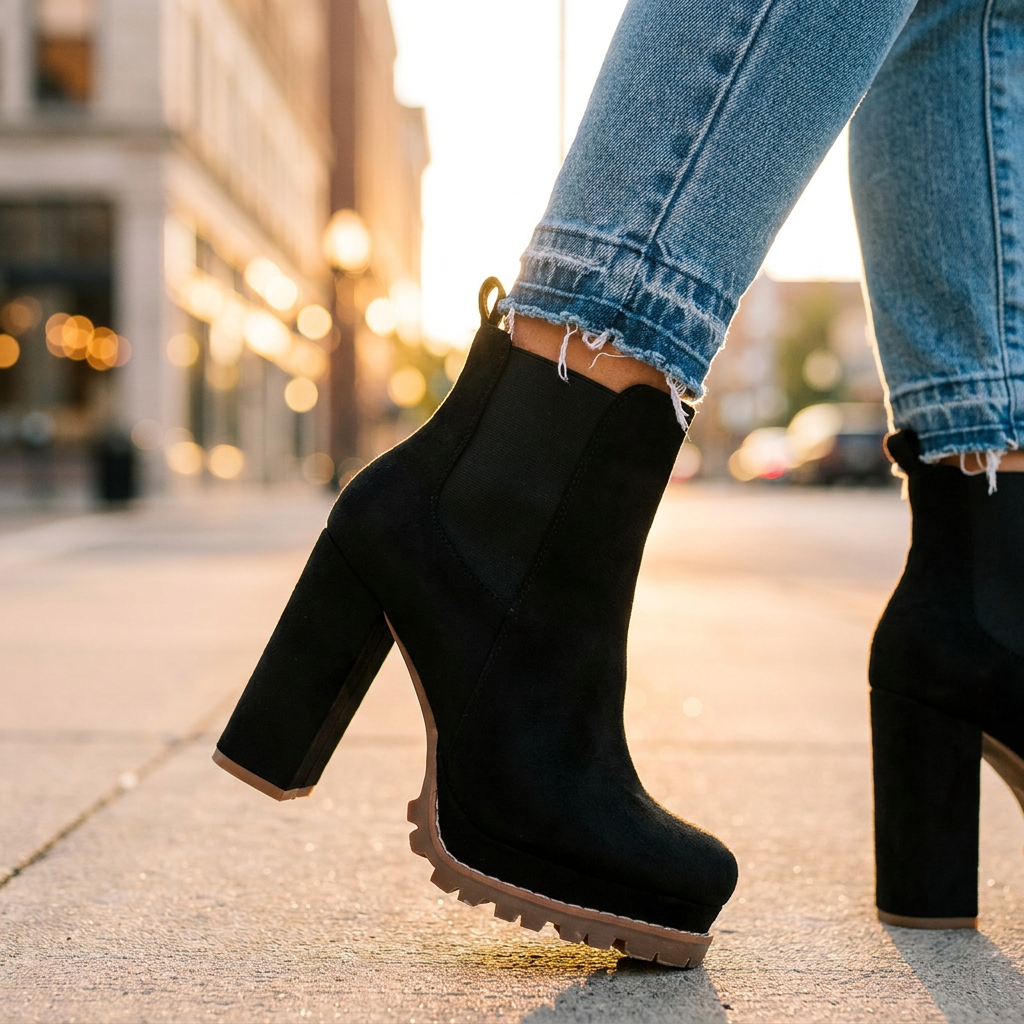 Women's Platform Heeled Ankle Boots, Suede Lug Sole