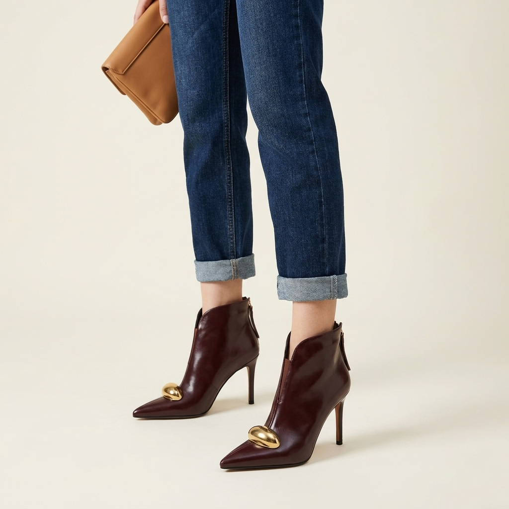 Women's Stiletto Heel Ankle Boots, Pointed Toe Gold Detail