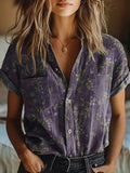Floral Vintage Lapel Short Sleeve Blouse for Women 1