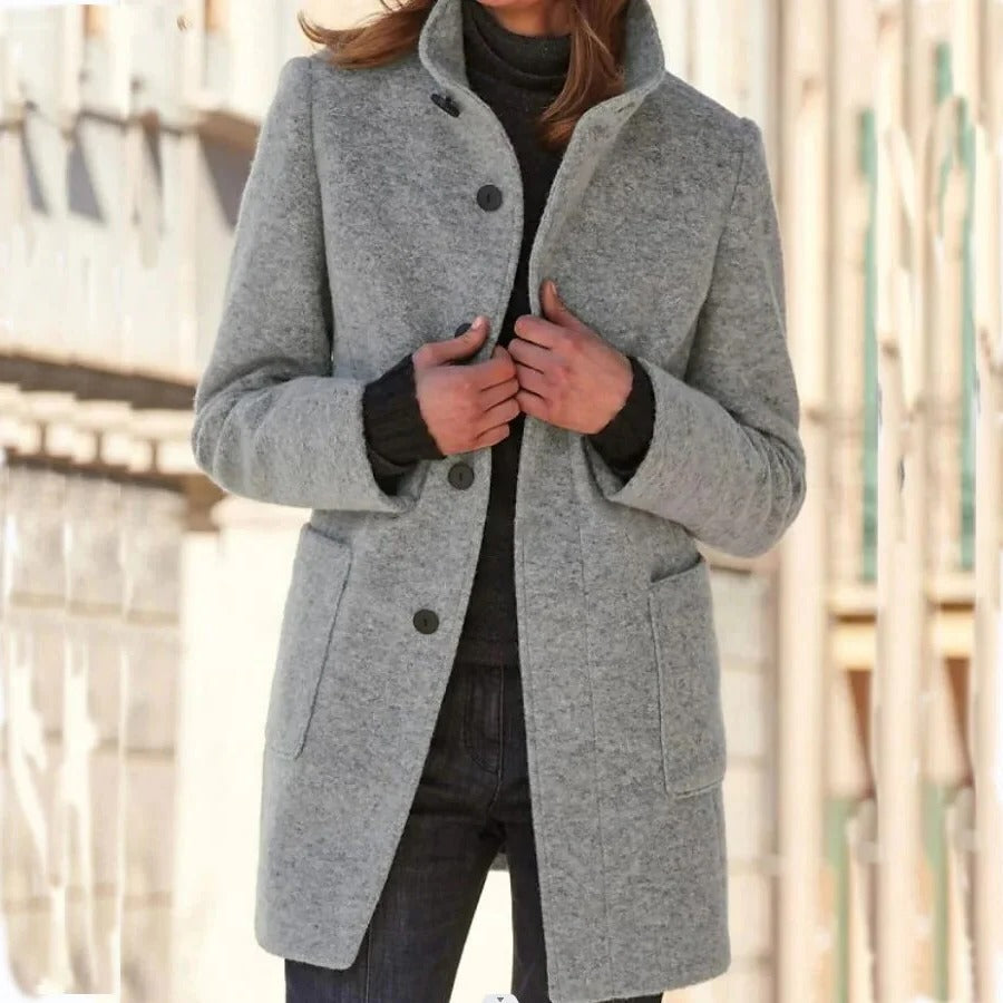 Button-Front Round Neck Wool Blend Coat for Women