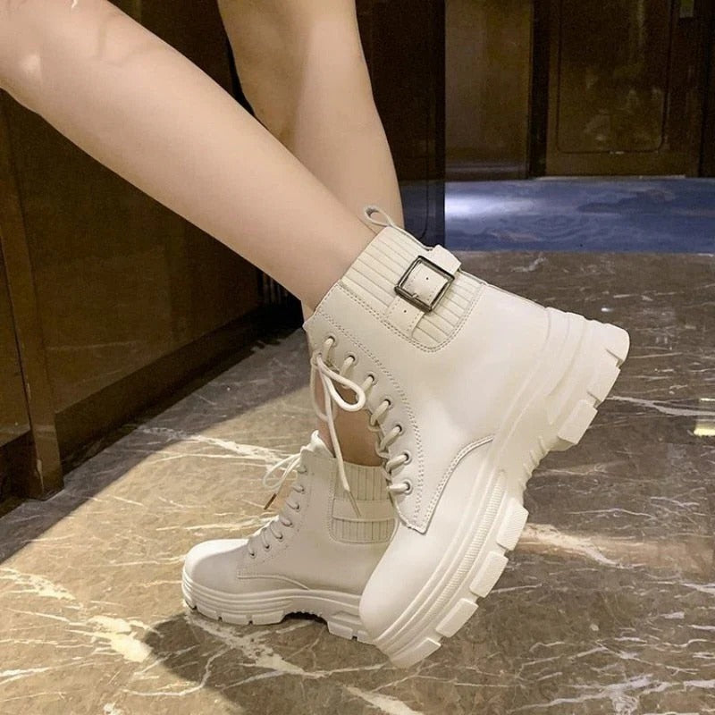 Women's Chunky Lace Up Ankle Boots, Combat Style with Buckle