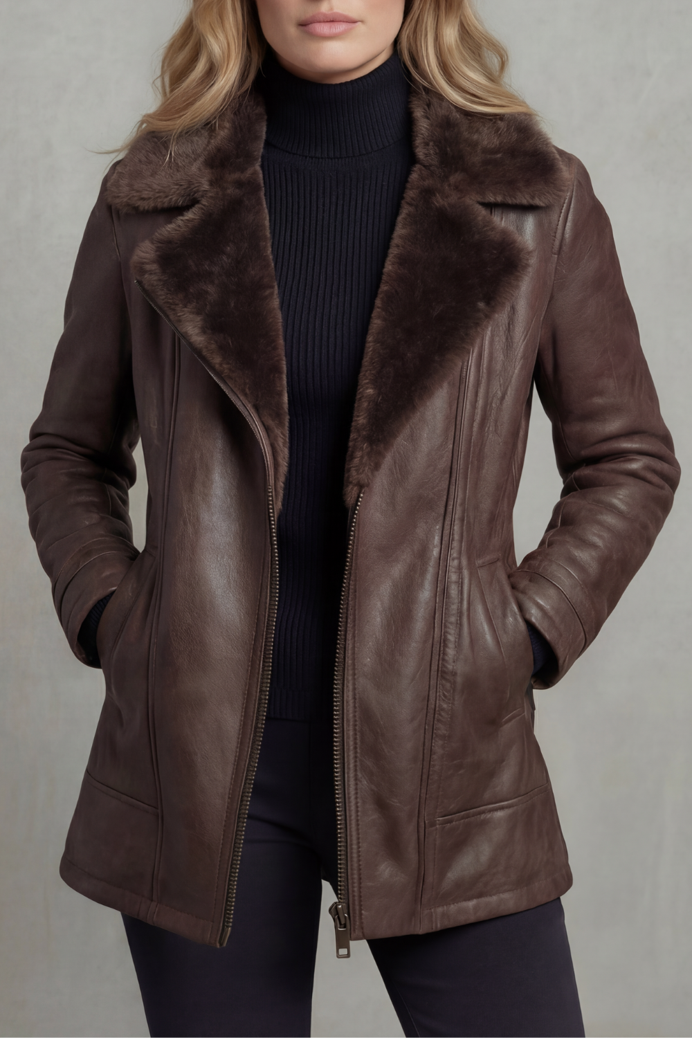 Brown Leather Jacket with Shearling Collar and Warm Lining for Women