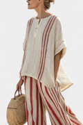 Textured Red Stripe Linen Top and Pants Set Relaxed 2