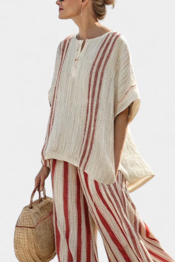 Textured Red Stripe Linen Top and Pants Set Relaxed