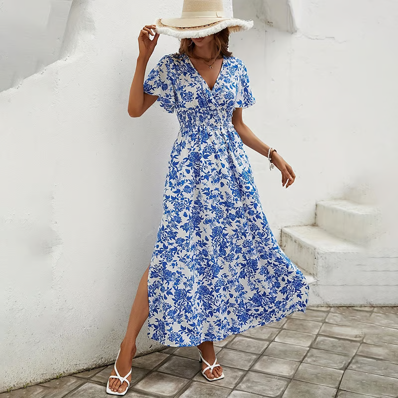Women's Boho Maxi Dress Printed V Neck Short Sleeve