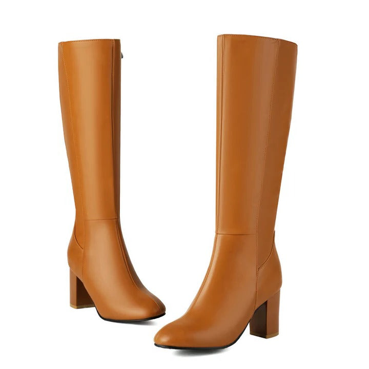 Women's Knee High Boots, Smooth Block Heel in Black or Cream