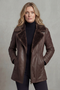 Brown Leather Jacket with Shearling Collar and Warm Lining for Women 4