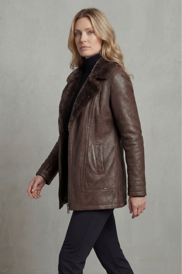 Brown Leather Jacket with Shearling Collar and Warm Lining for Women