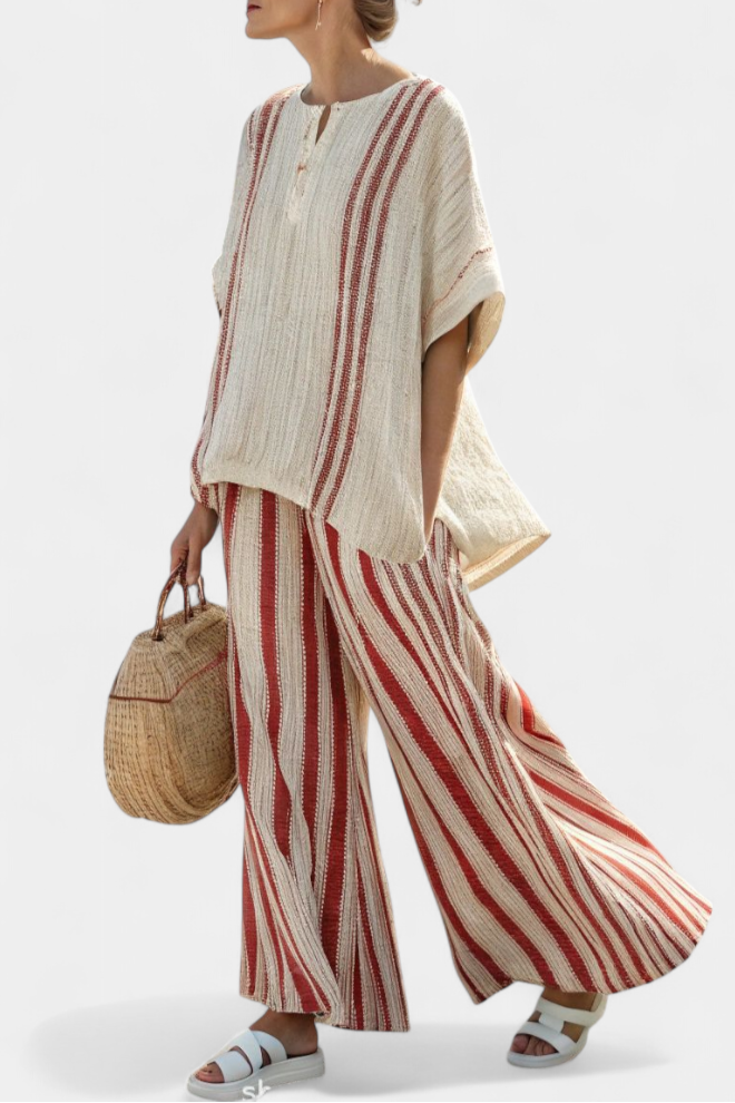 Textured Red Stripe Linen Top and Pants Set Relaxed