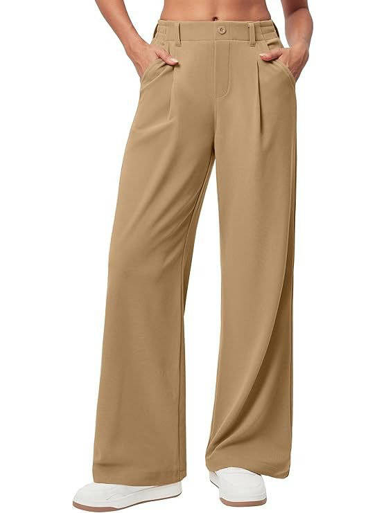 Women's Wide Leg Trousers, Pleated Pull-On Work Trousers