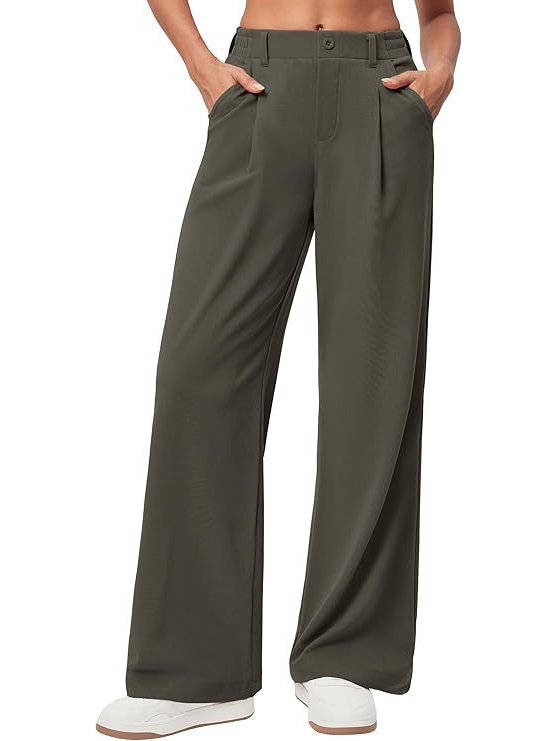 Women's Wide Leg Trousers, Pleated Pull-On Work Trousers