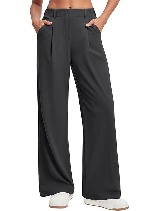 Women's Wide Leg Trousers, Pleated Pull-On Work Trousers