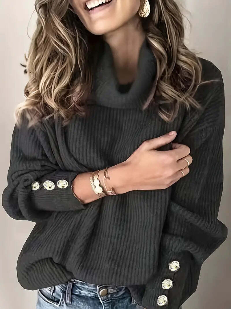Heike | Ribbed Cowl Neck Sweater with Button Cuffs for Women