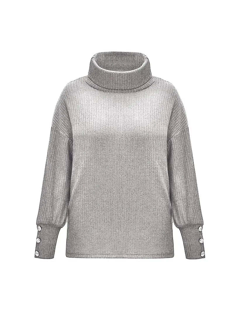 Heike | Ribbed Cowl Neck Sweater with Button Cuffs for Women