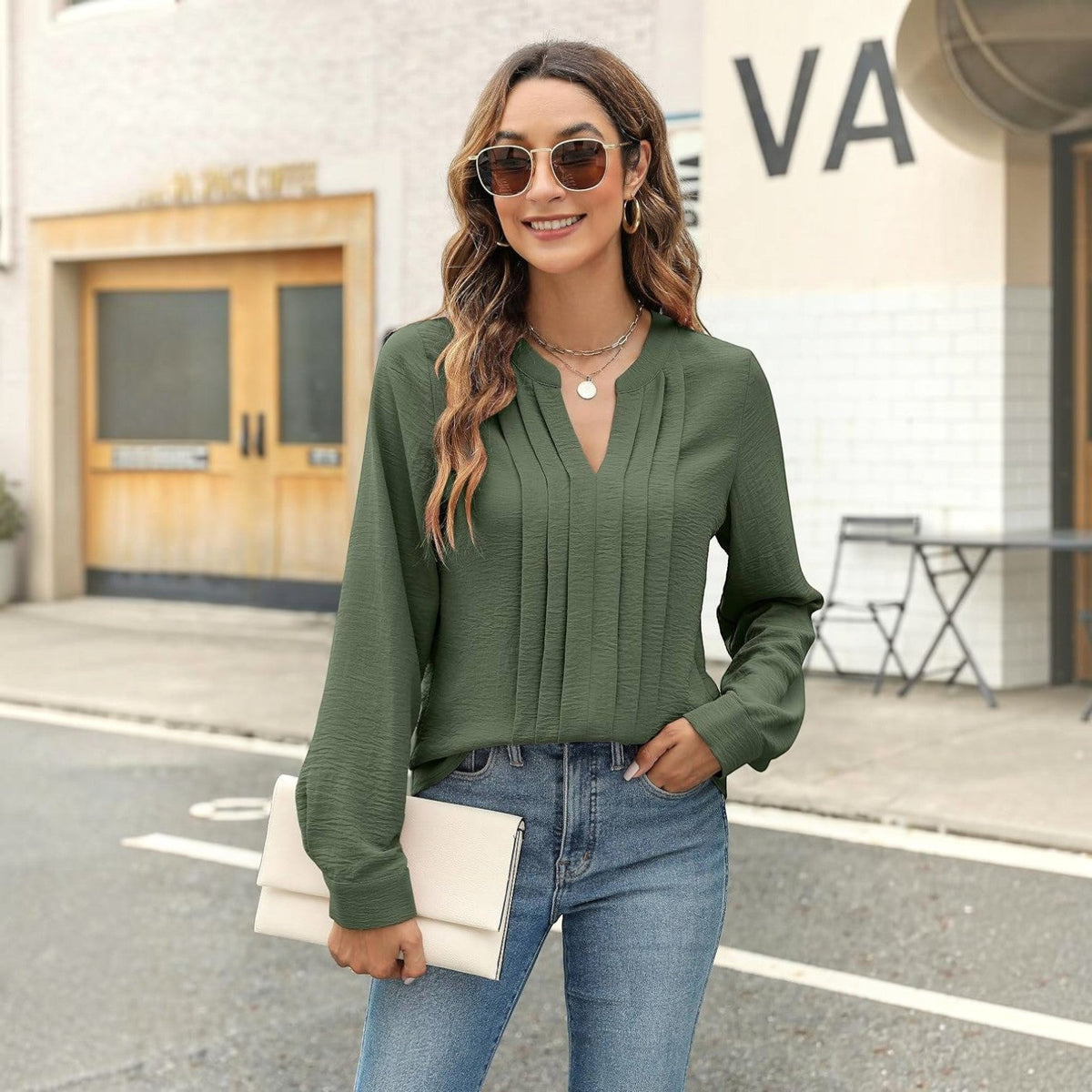 Women's Pleated Blouse, Long Sleeve V-Neck Work Top