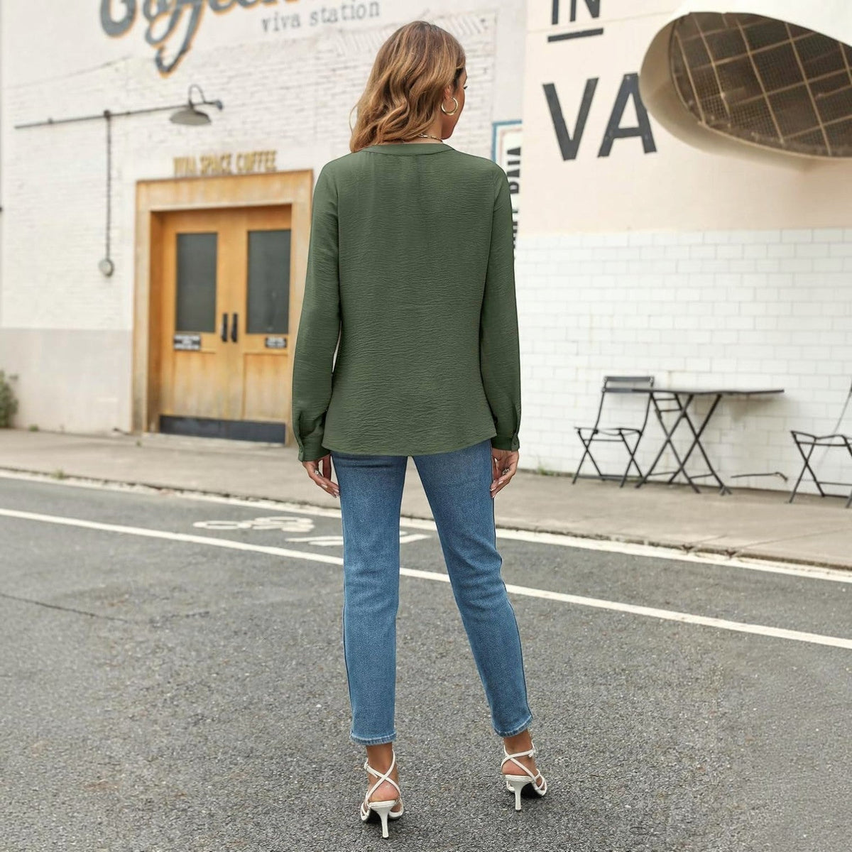 Women's Pleated Blouse, Long Sleeve V-Neck Work Top