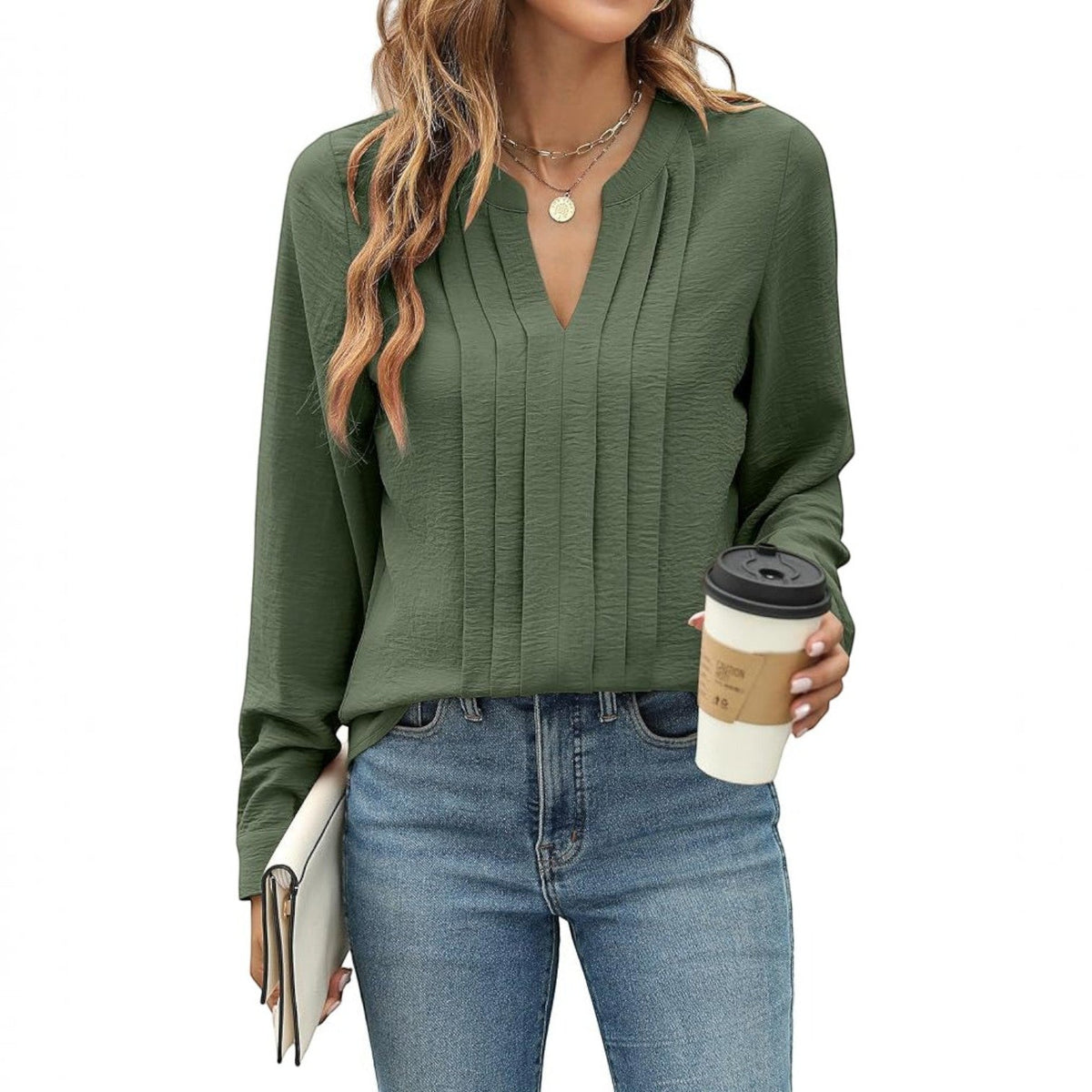 Women's Pleated Blouse, Long Sleeve V-Neck Work Top