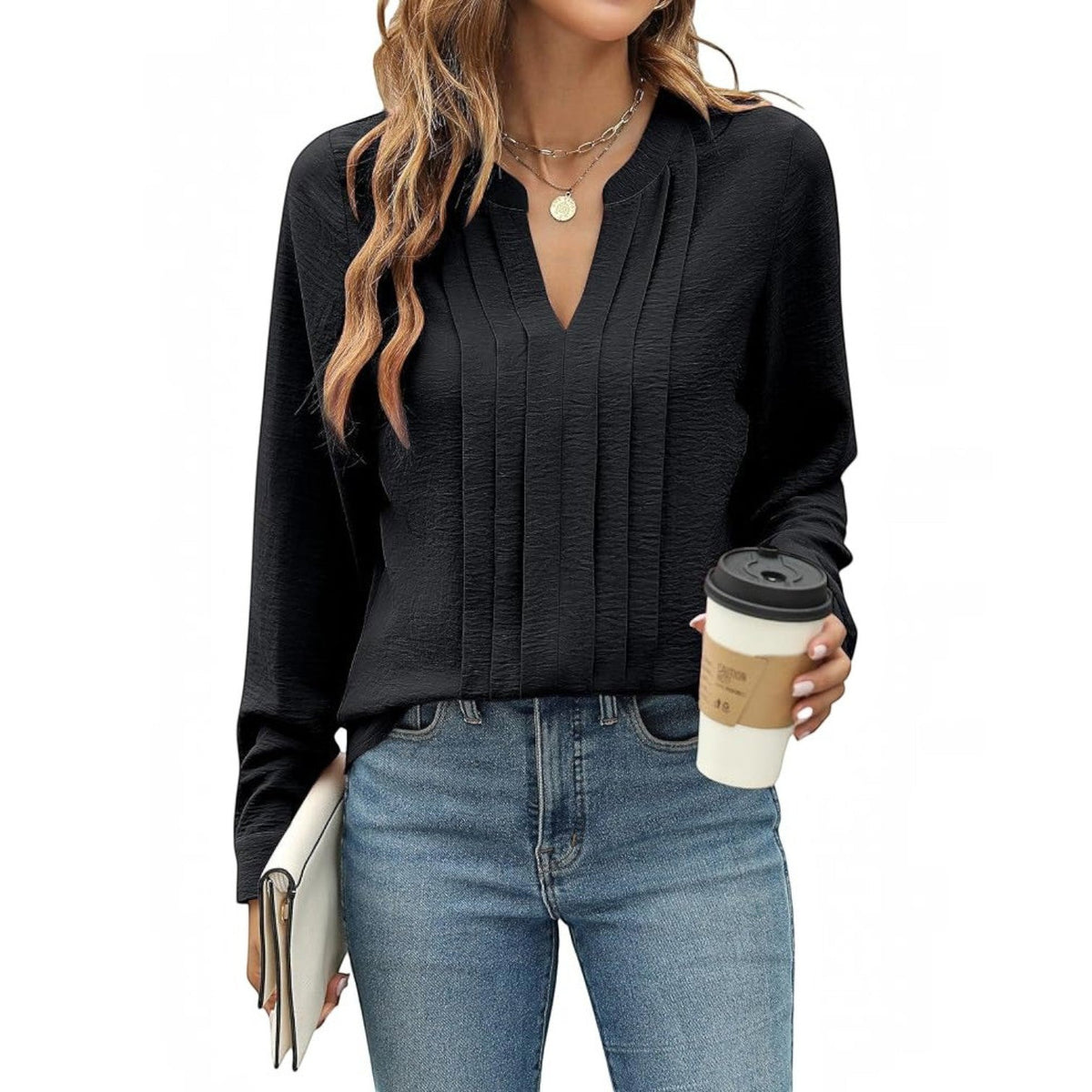 Women's Pleated Blouse, Long Sleeve V-Neck Work Top