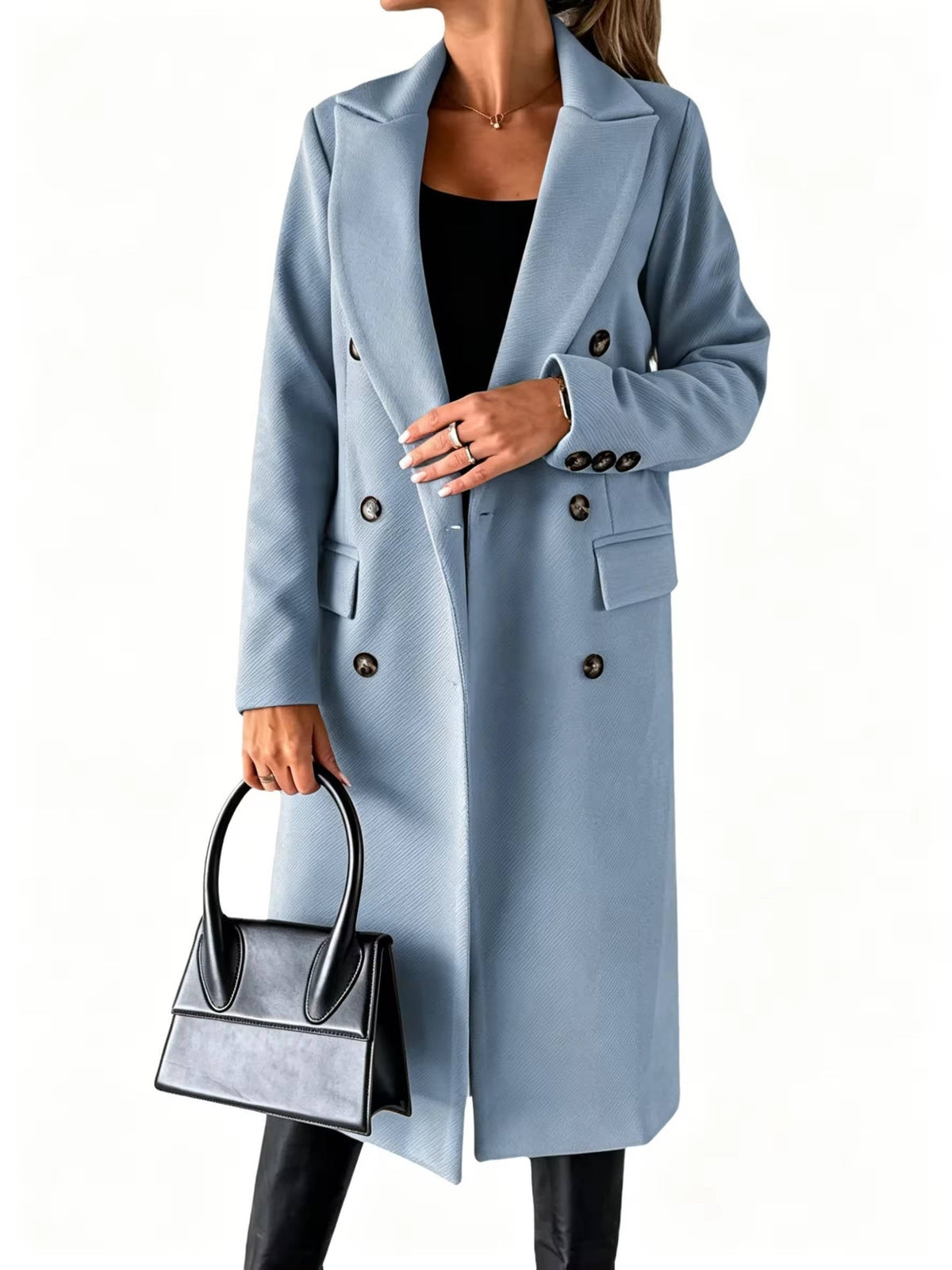Long Double-Breasted Wool Trench Coat for Women