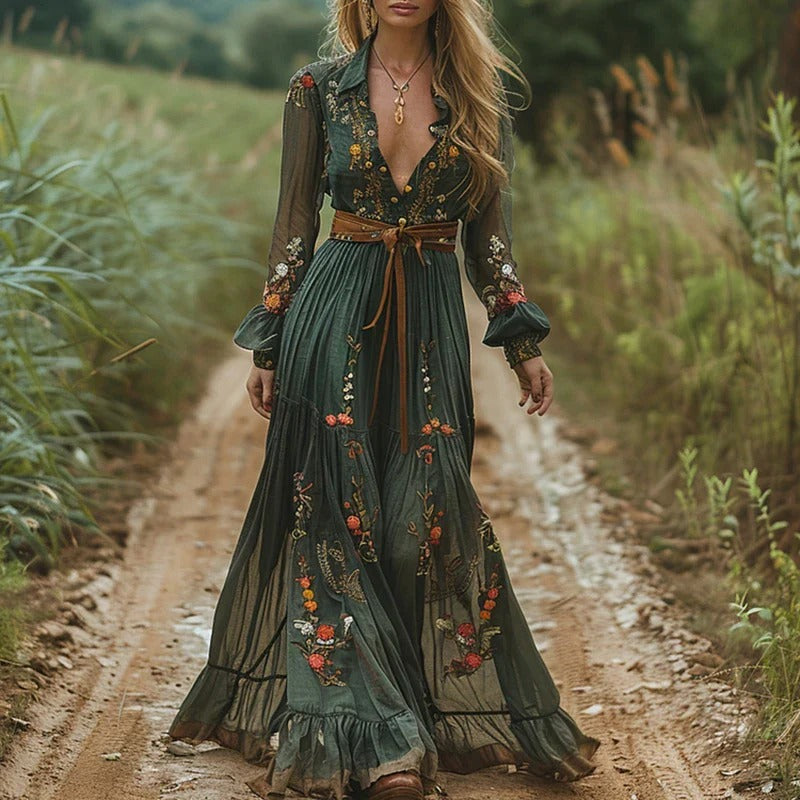 Bohemian Embroidered Maxi Dress for Women