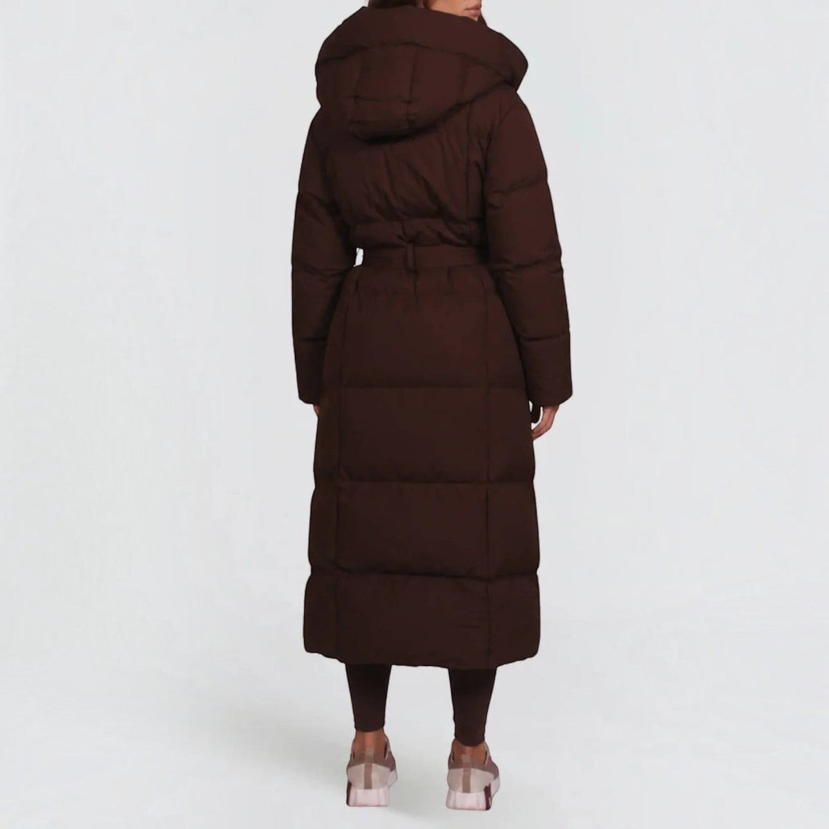 Women's Long Puffer Coat, Hooded Maxi with Tie Belt