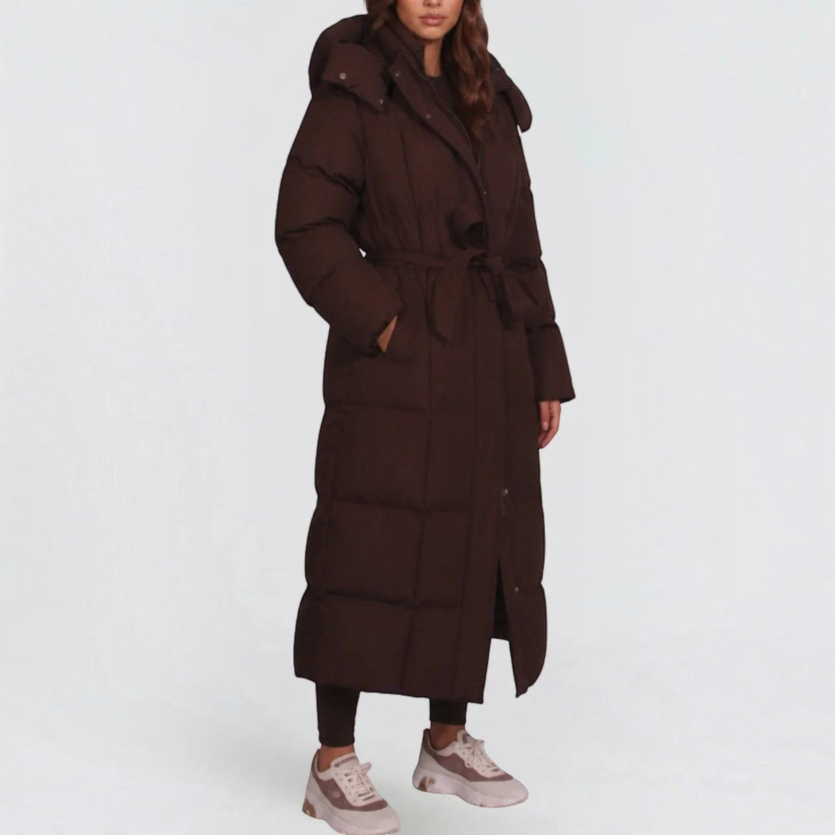 Women's Long Puffer Coat, Hooded Maxi with Tie Belt