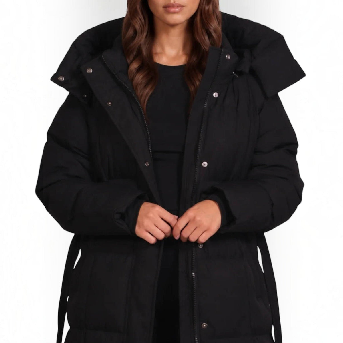 Women's Long Puffer Coat, Hooded Maxi with Tie Belt