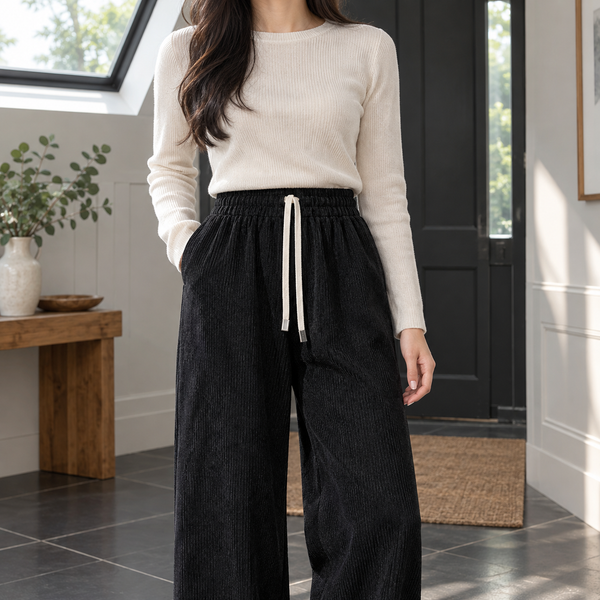 Women's Wide Leg Trousers, Ribbed Drawstring Waist