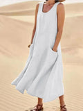 Women's Linen Maxi Dress Sleeveless with Side Pockets 2