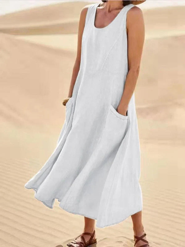 Women's Linen Maxi Dress Sleeveless with Side Pockets