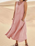 Women's Linen Maxi Dress Sleeveless with Side Pockets 3
