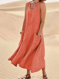 Women's Linen Maxi Dress Sleeveless with Side Pockets 4