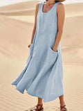 Women's Linen Maxi Dress Sleeveless with Side Pockets 5