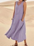Women's Linen Maxi Dress Sleeveless with Side Pockets 6