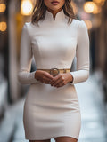 White Mandarin Collar Belted Midi Dress 1