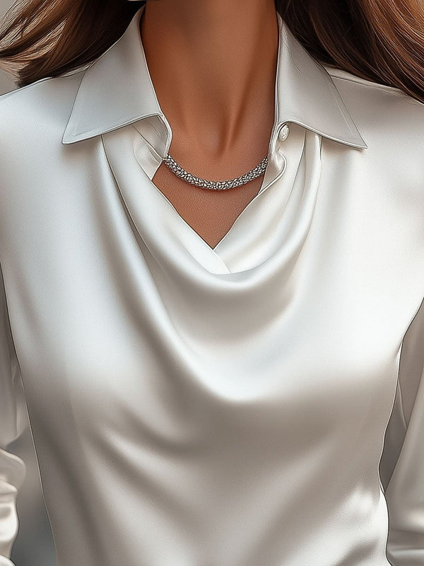 White Satin Blouse Draped Neckline Elegant Fitted