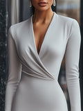 White Wrap Midi Dress Long Sleeve Fitted Elegant 2