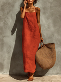 Red Cotton Spaghetti Strap Square Neck Boho Midi Dress 3