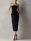 Kaia | Black Strapless Bodycon Midi Dress with Pockets for Women 1