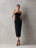 Kaia | Black Strapless Bodycon Midi Dress with Pockets for Women 3