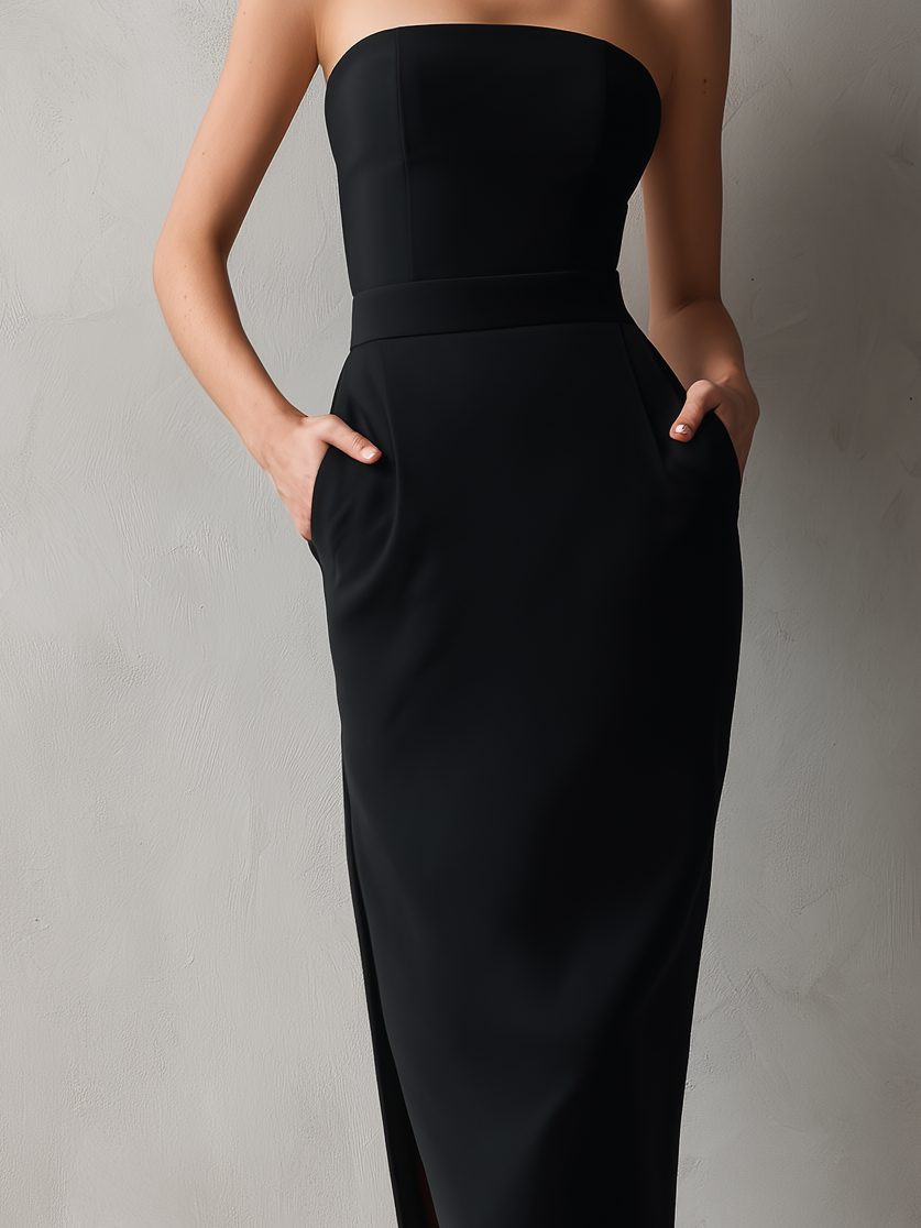 Women's Black Midi Dress, Strapless Bodycon with Pockets