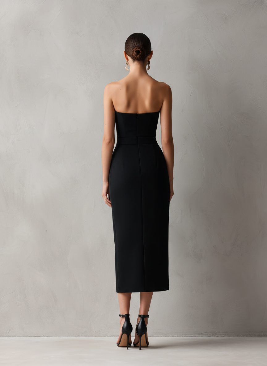 Women's Black Midi Dress, Strapless Bodycon with Pockets