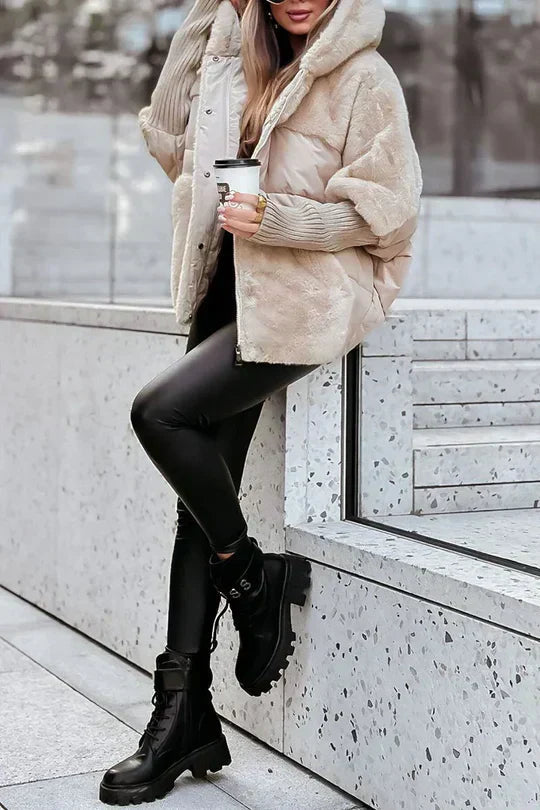 Women's Puffer Jacket, Faux Fur Hood with Knit Sleeves