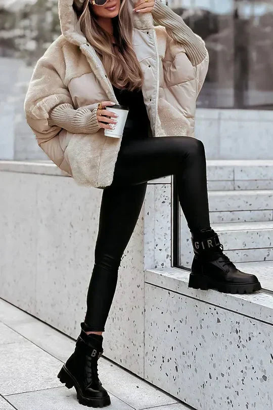 Women's Puffer Jacket, Faux Fur Hood with Knit Sleeves