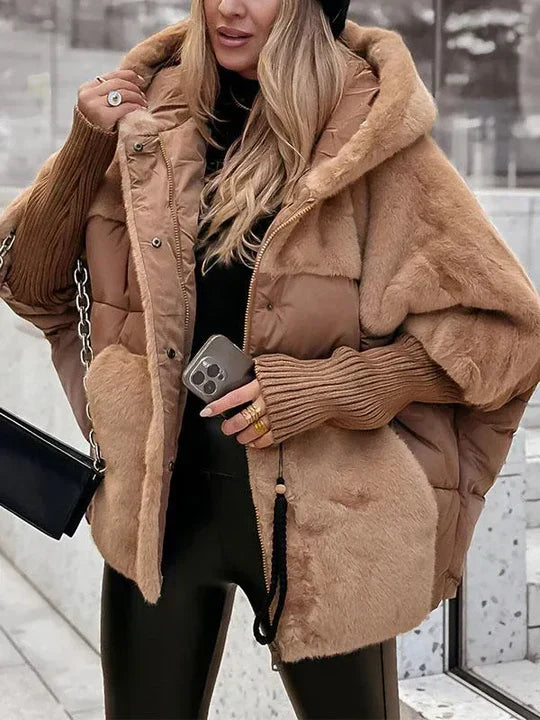 Women's Puffer Jacket, Faux Fur Hood with Knit Sleeves