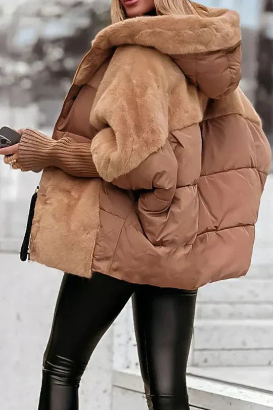 Women's Puffer Jacket, Faux Fur Hood with Knit Sleeves