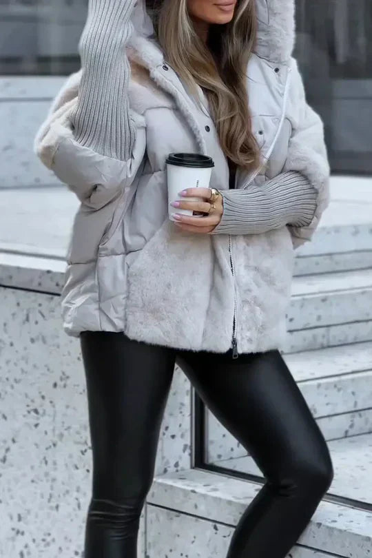 Women's Puffer Jacket, Faux Fur Hood with Knit Sleeves