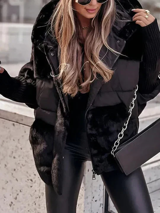 Women's Puffer Jacket, Faux Fur Hood with Knit Sleeves